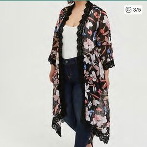 Torrid Black Floral Kimono with Lace Trim
